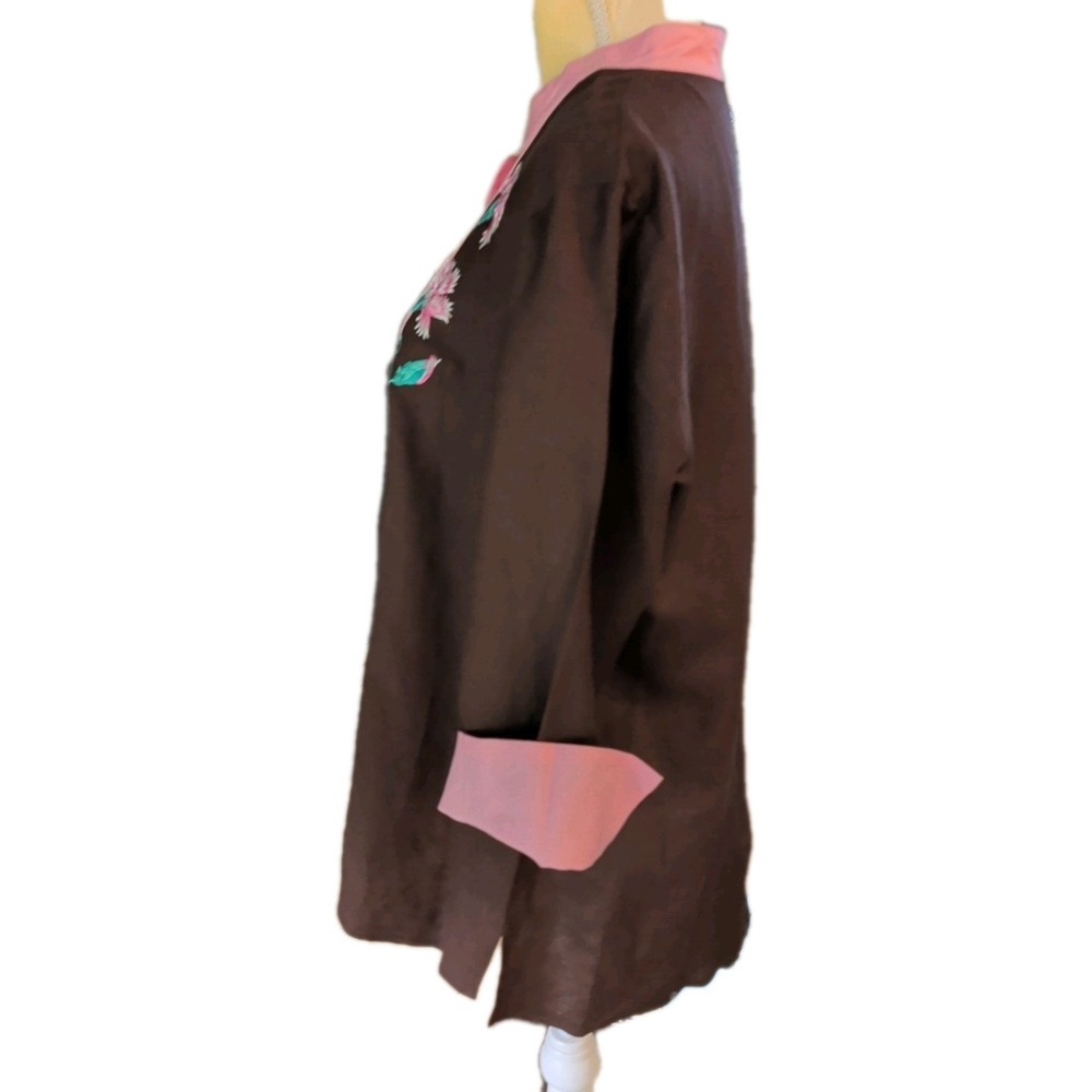 NWT Bob Macke Women's Blouse Size L  Brown Pink Embroidered 3/4 Sleeves Pullover - Picture 2 of 8